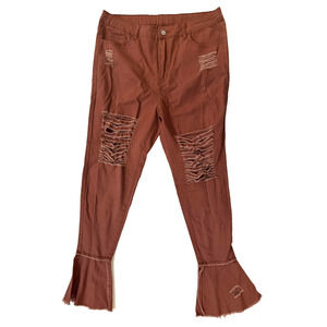 Shein Jeans Womens 2XL Brown Distressed Flare Hem Stretch Ripped Denim Pants